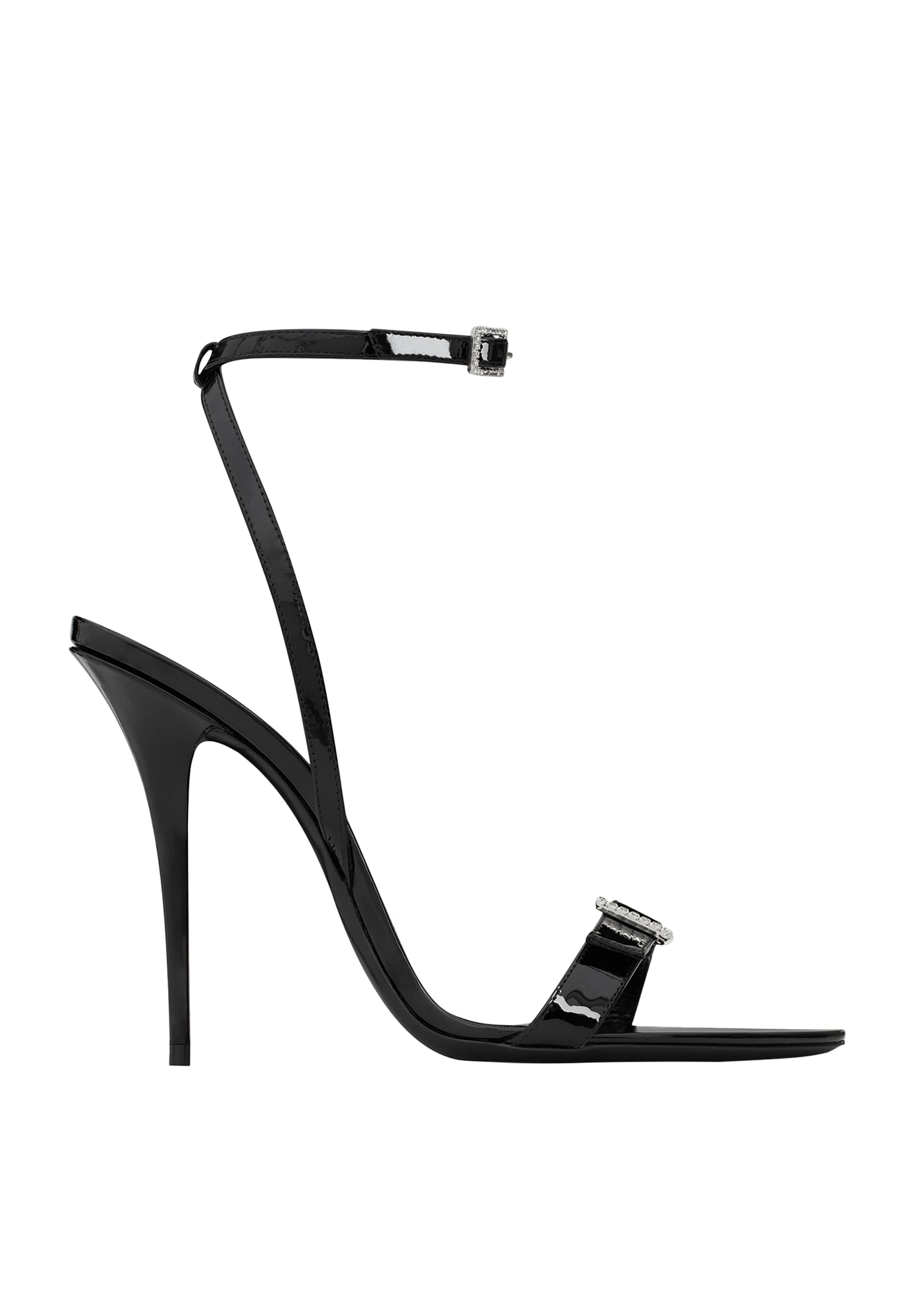 Black satin ankle strap sandals with crystal buckle details — Saint Laurent | Endless UAE
