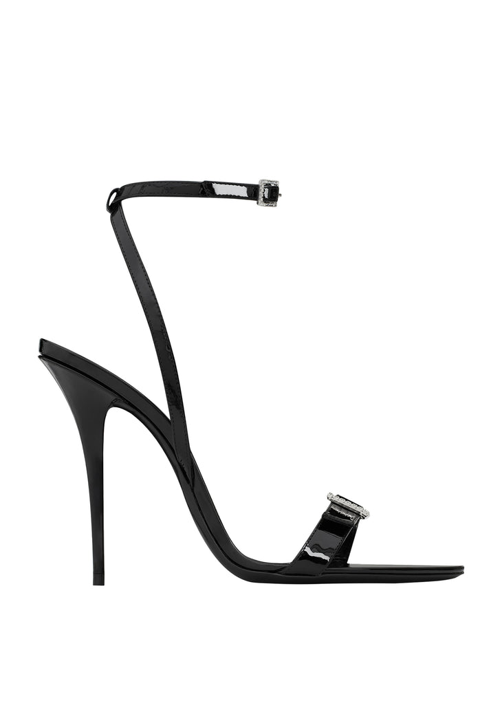 Black satin ankle strap sandals with crystal buckle details — Saint Laurent | Endless UAE