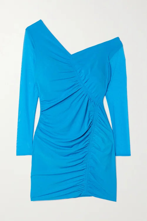 Bright blue ruched mini dress with one-shoulder neckline and long sleeves — Self-Portrait | Endless UAE