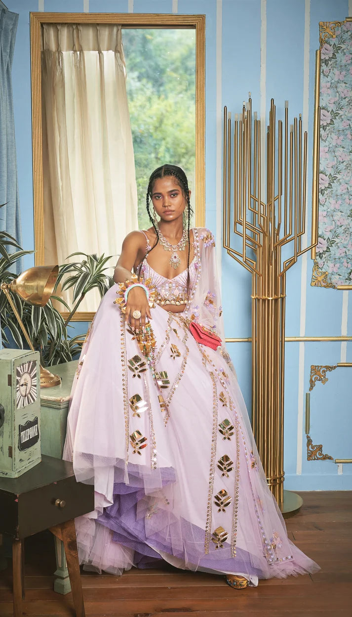 Lavender embroidered lehenga set with gold accents and matching dupatta — Papa Don't Preach | Endless UAE