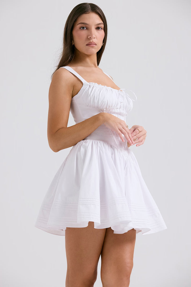 White corset cotton mini dress with square neckline and full skirt — House of CB | Endless UAE