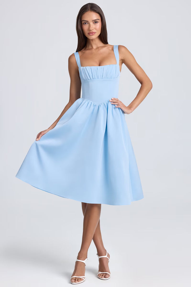 Light blue draped corset midaxi dress with open back and white strappy heels — Oh Polly | Endless UAE
