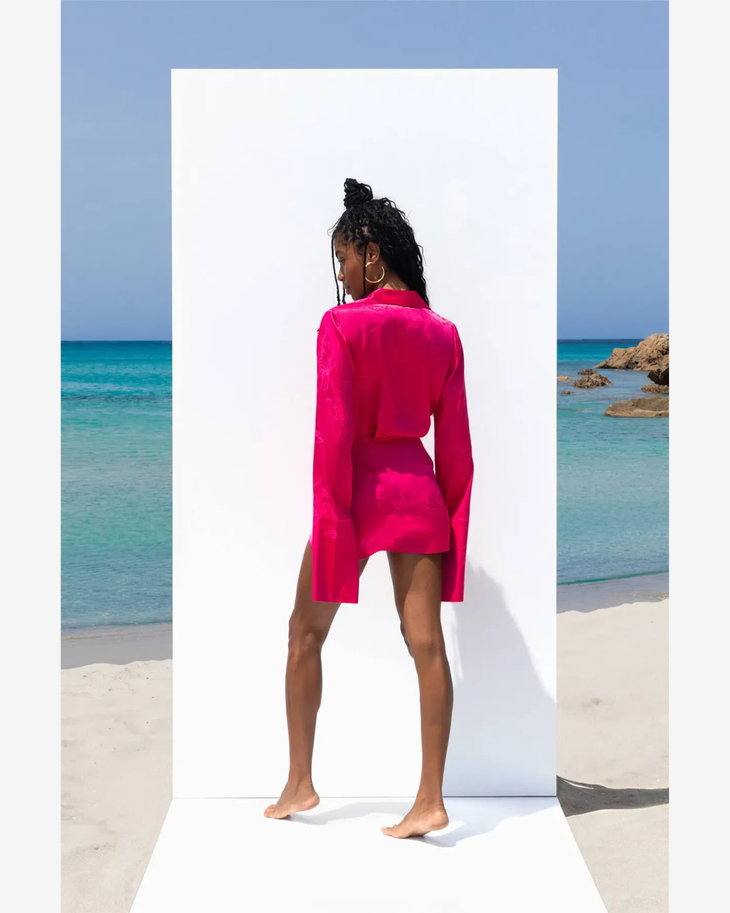 Paloma Mini Dress in hot pink with floral jacquard pattern and bell sleeves — Rat and Boa | Endless UAE