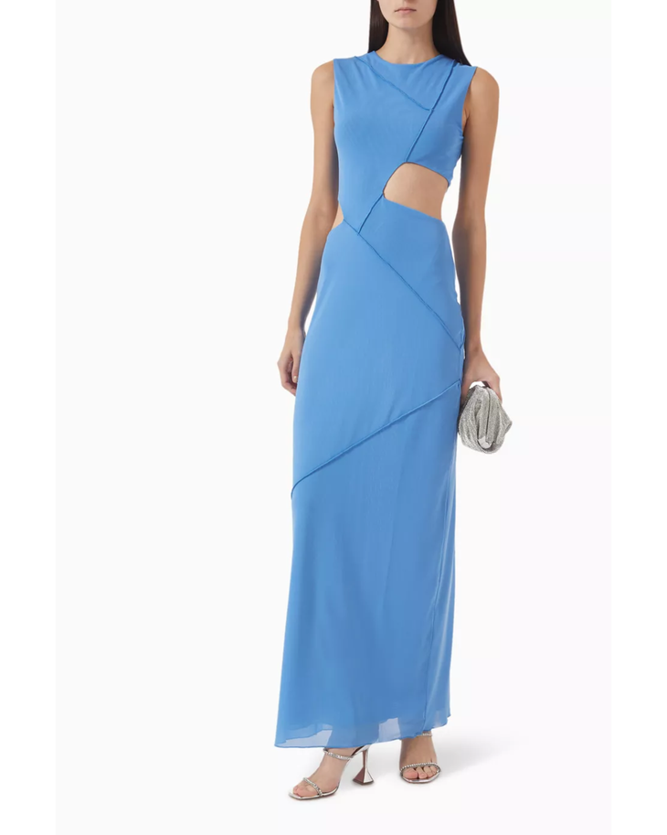 Blue sleeveless maxi dress with cut-out details and asymmetrical draping — Misha | Endless UAE