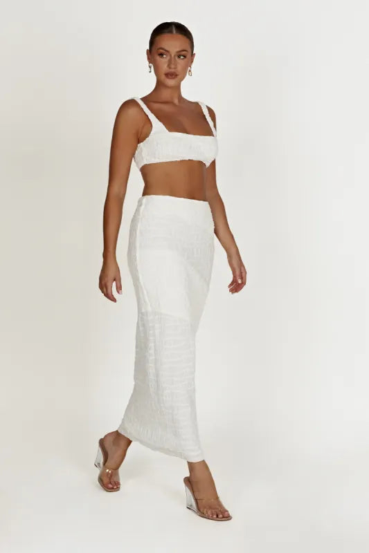 White textured crop top and maxi skirt co-ord set — Meshki | Endless UAE