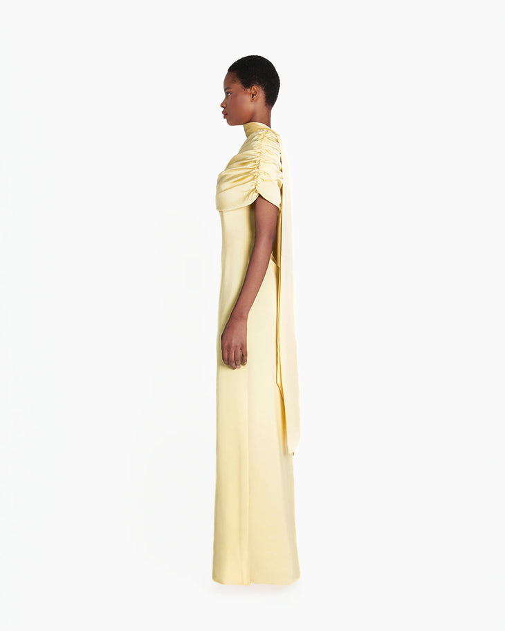Kiris Dress in pale yellow with ruched shoulder draping and flowing silhouette — Khanum's | Endless UAE