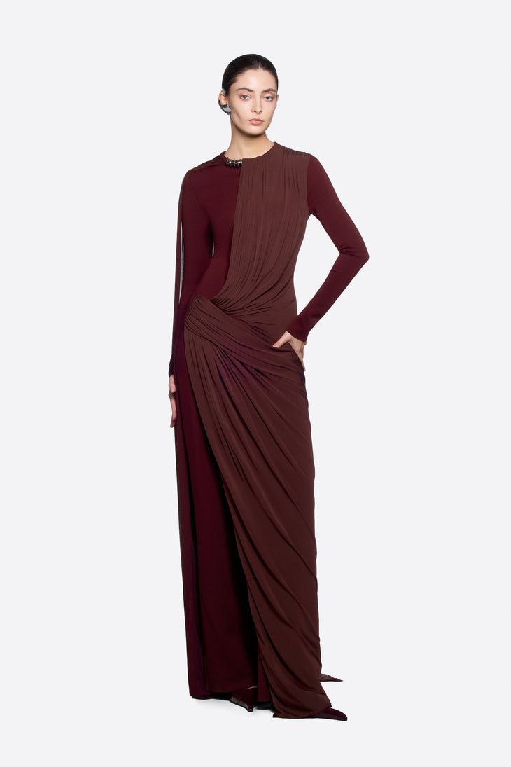 Burgundy draped long-sleeve gown with elegant ruching detail — Chats By C.Dam | Endless UAE