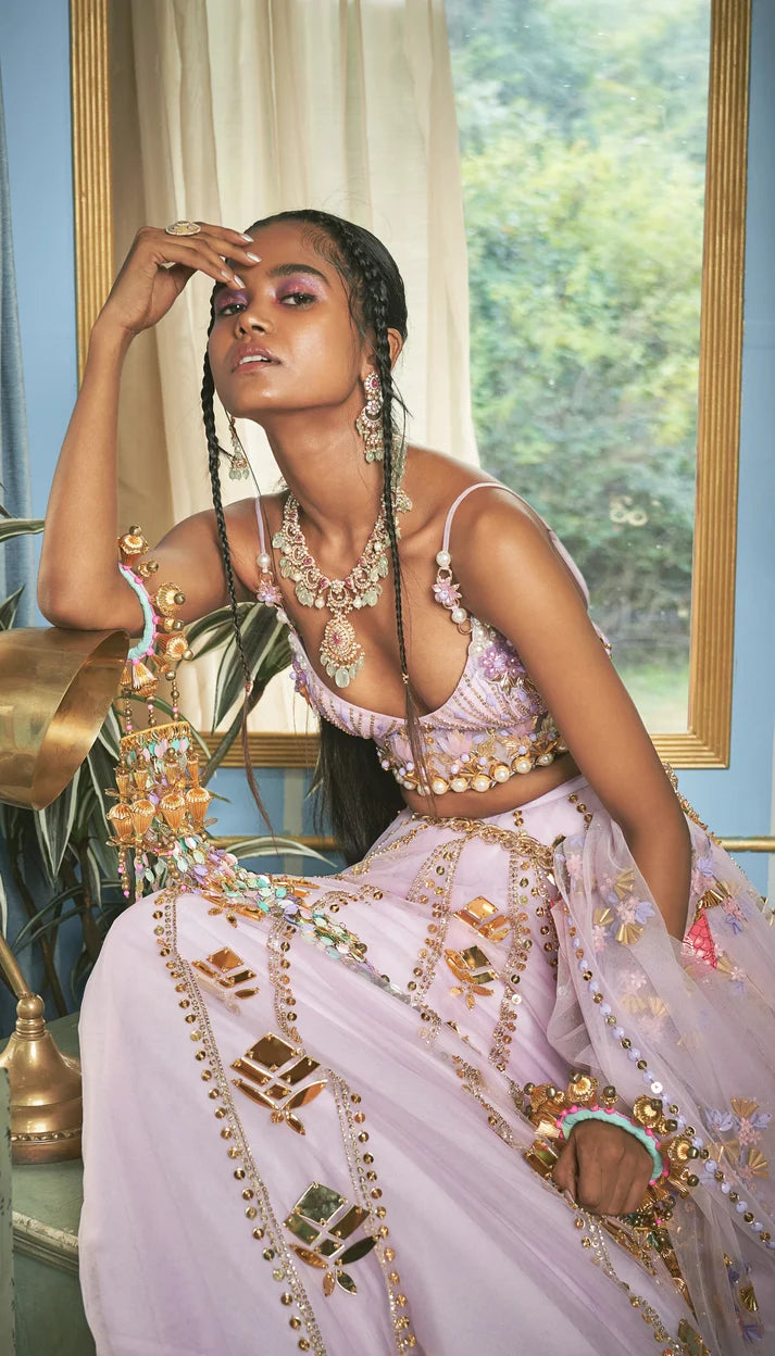 Lavender embroidered lehenga set with gold accents and matching dupatta — Papa Don't Preach | Endless UAE