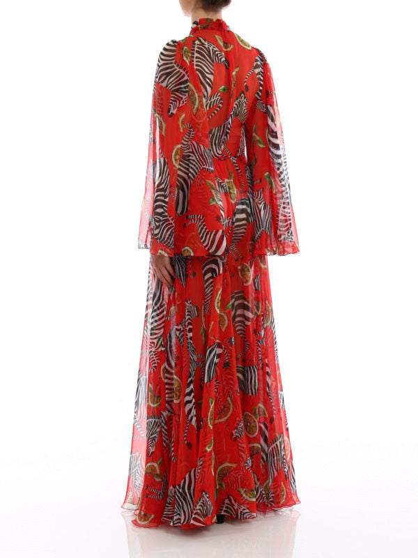 Red silk jumpsuit with zebra and lemon print and bow neckline — Dolce & Gabbana | Endless UAE