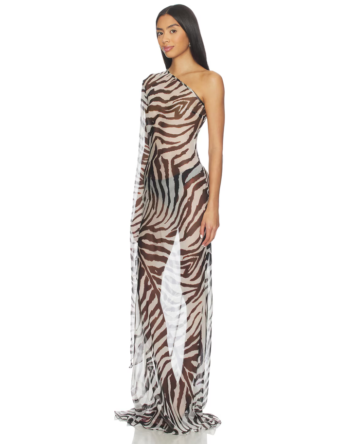 Zebra Print One-Shoulder Maxi Dress in Brown and White — Cha The Label | Endless UAE