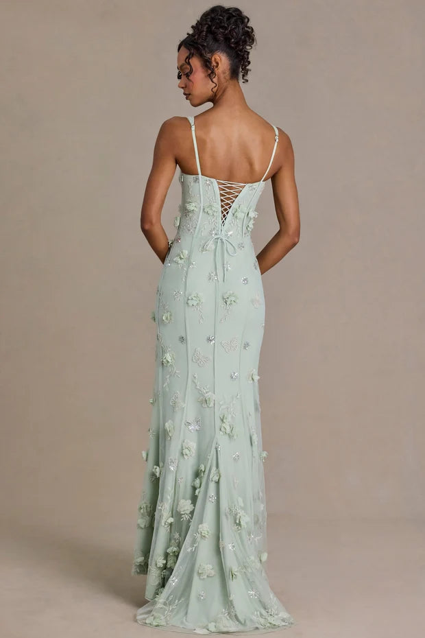 Aurelia Embellished Corset Gown in sage green with floral beading and lace-up back detail — Oh Polly | Endless UAE