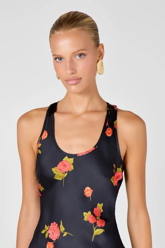 Florence Dress black with red and yellow floral print, sleeveless maxi gown — Hyphen | Endless UAE