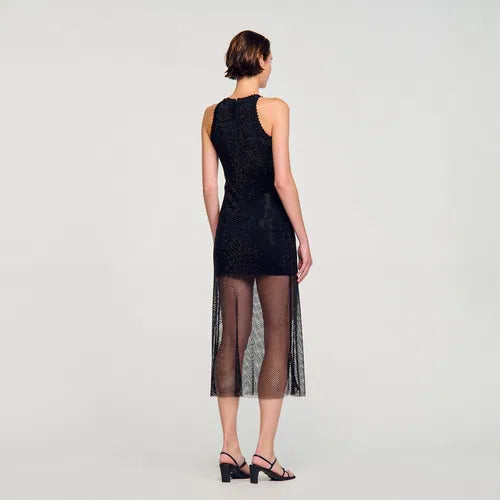 Black sleeveless shiny mesh midi dress with layered tulle overlay — Sandro | Endless UAE