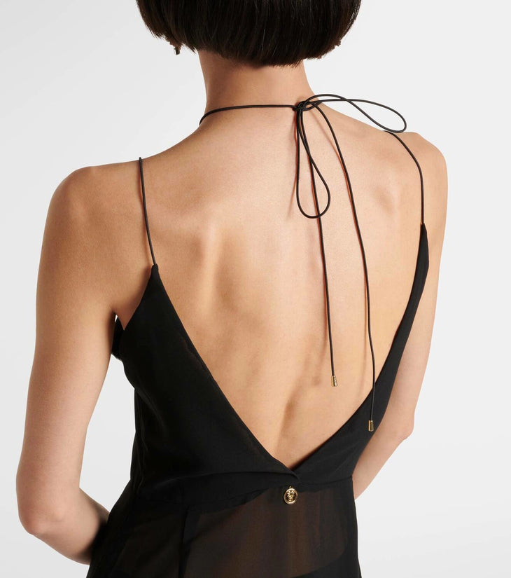 Black ruffled chiffon maxi dress with sheer overlay and strappy back — Banahot | Endless UAE