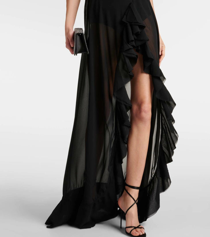 Black ruffled chiffon maxi dress with sheer overlay and strappy back — Banahot | Endless UAE