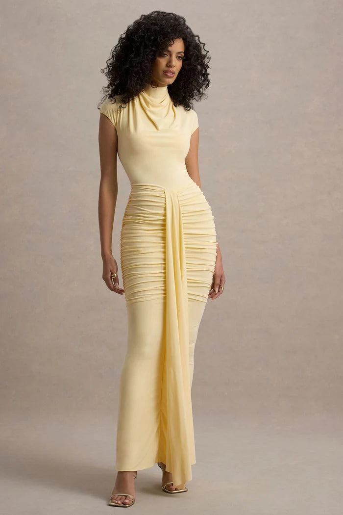 Woman wearing pale lemon high-neck ruched maxi dress with cap sleeves — Club L London | Endless UAE