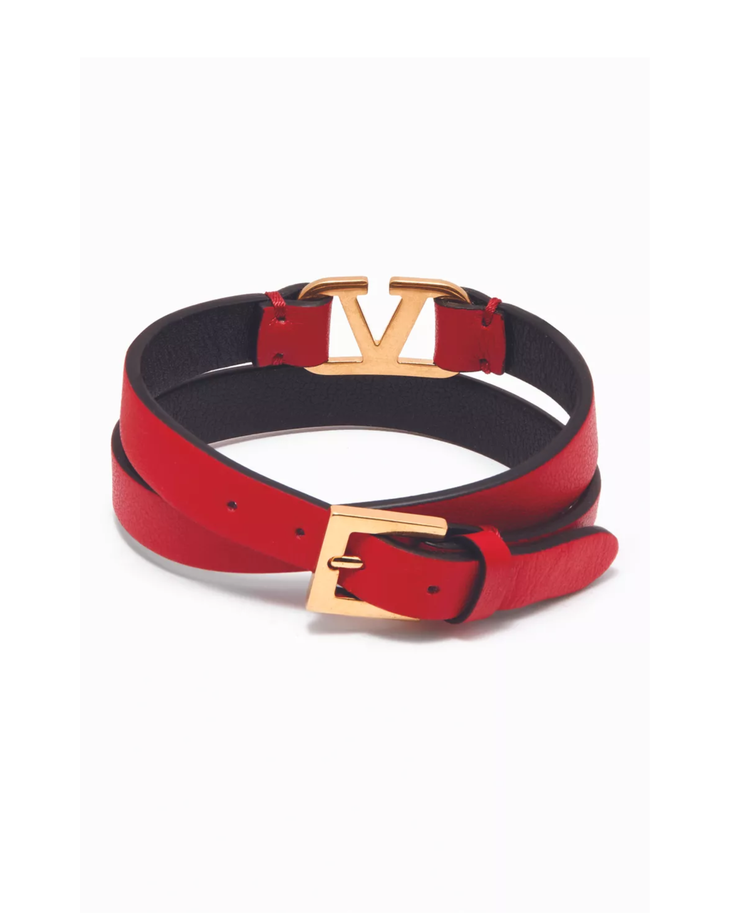 Red leather double-strap bracelet with gold VG logo — Valentino Garavani | Endless UAE