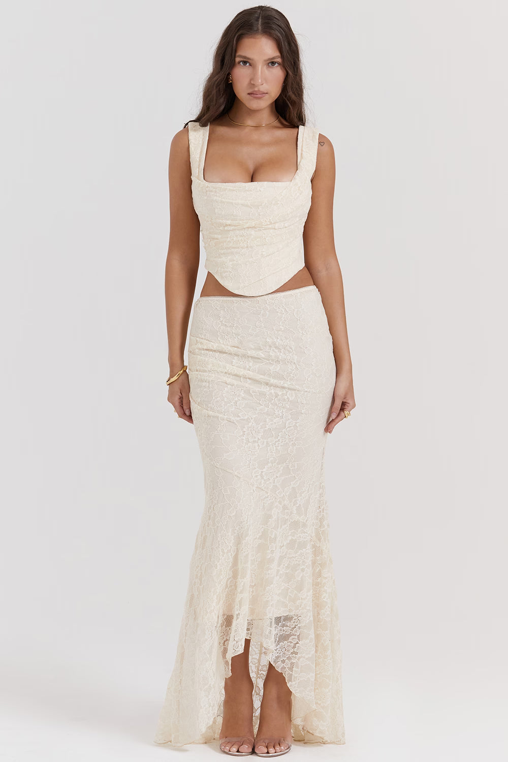 Cream lace two-piece co-ord set with square neckline crop top and maxi skirt — House of CB | Endless UAE