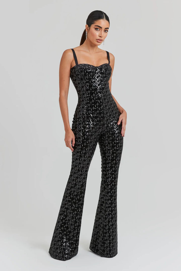 Black sequin jumpsuit with sweetheart neckline and flared legs — Nadine Merabi | Endless UAE