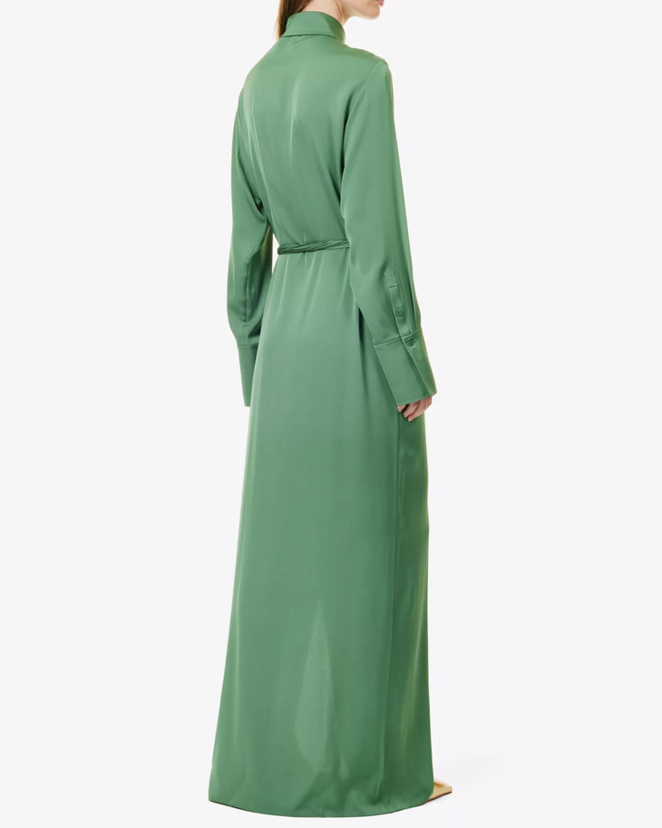 Woman wearing sage green silk-blend maxi dress with collar and tie detail — Camilla And Marc | Endless UAE