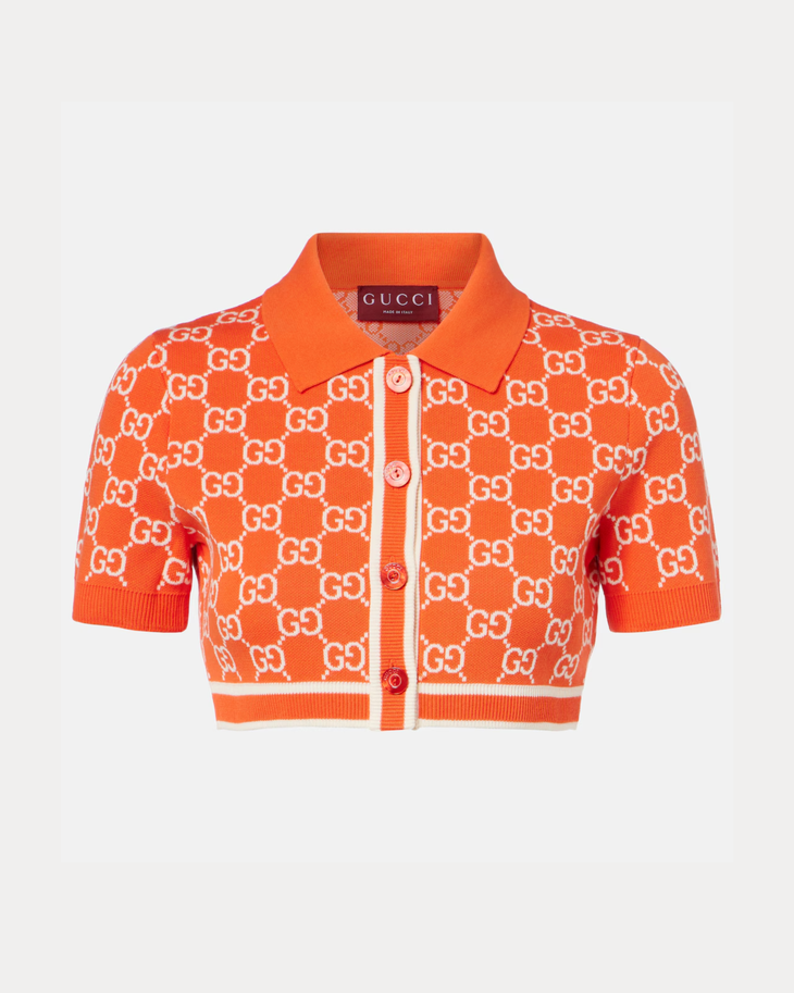 GG Cotton Jacquard Cropped Cardigan in orange with white monogram pattern — Gucci | Endless UAE