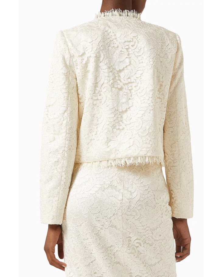 Cream lace crop jacket with gold buttons and frayed trim — Self Portrait | Endless UAE