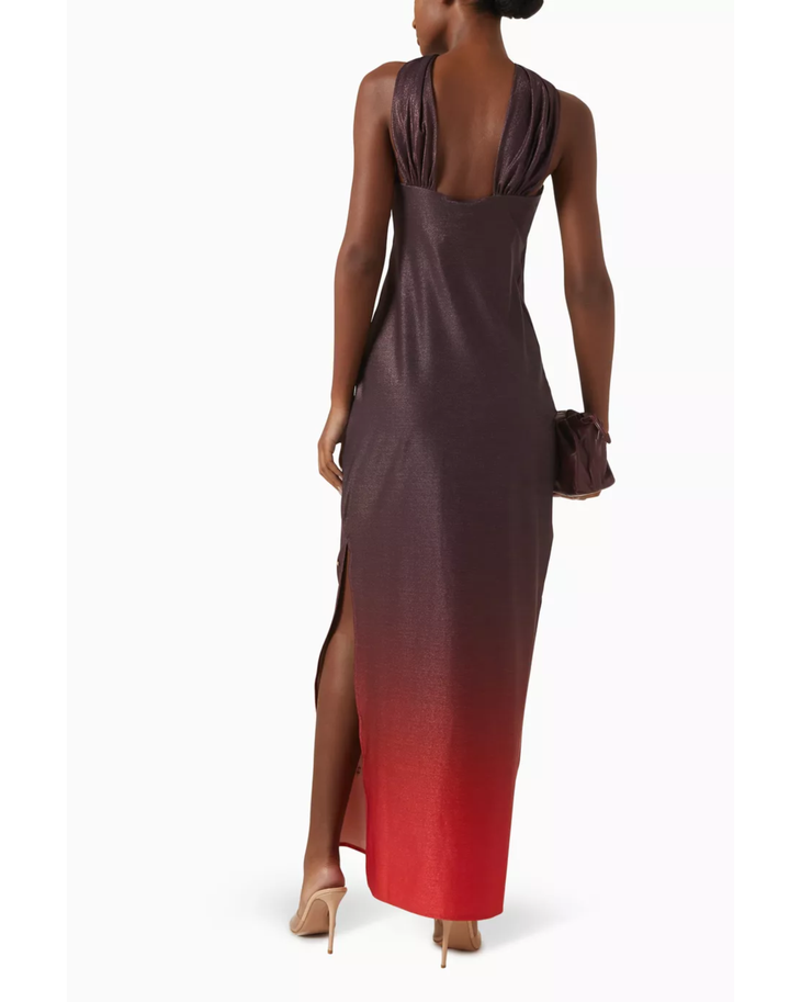 Woman wearing burgundy to red ombre maxi dress with halter neckline — Baobab | Endless UAE
