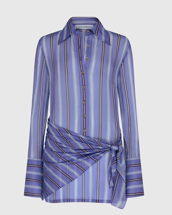 Woman wearing purple striped wrap shirt dress with bell sleeves and black strappy sandals — Rat & Boa | Endless UAE