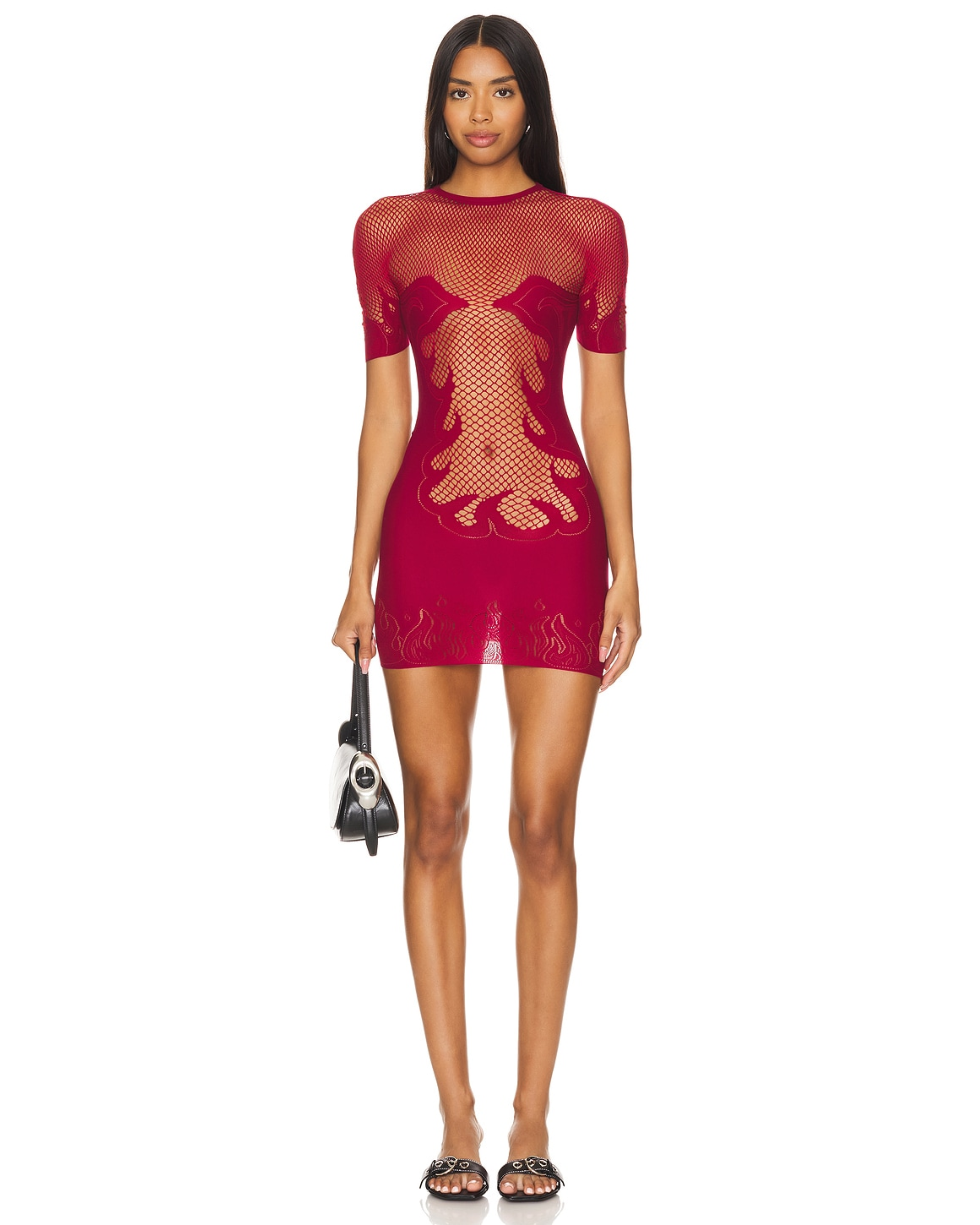 Burgundy fishnet mini dress with sheer panels and decorative cutouts — POSTER GIRL | Endless UAE