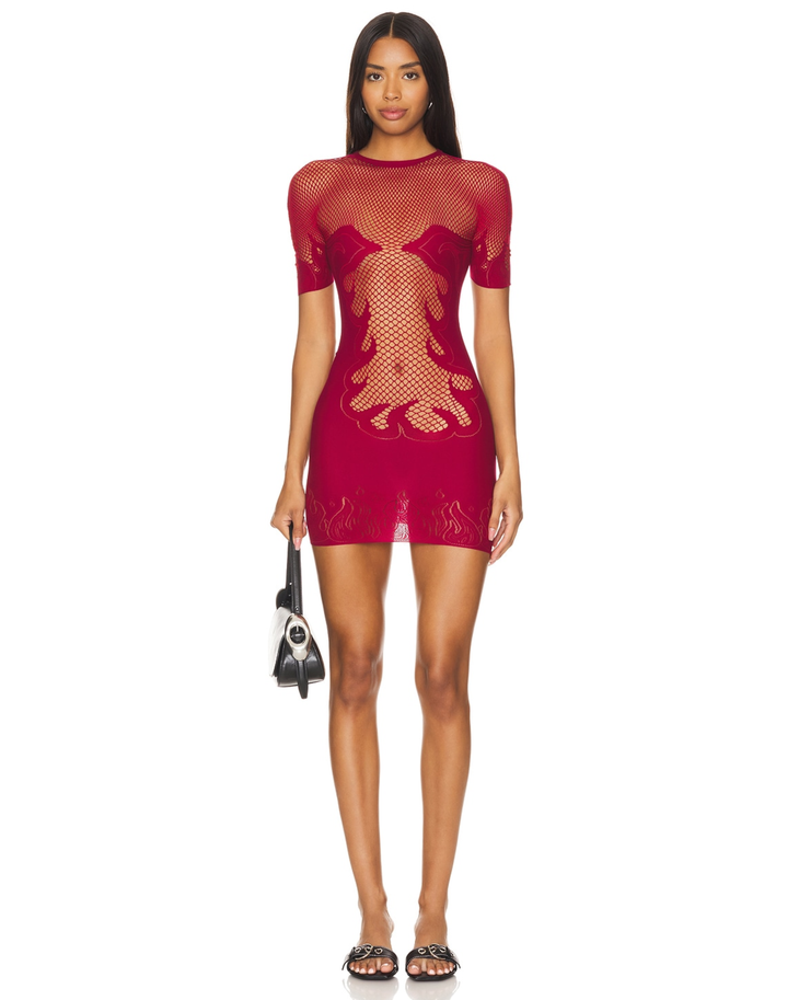 Burgundy fishnet mini dress with sheer panels and decorative cutouts — POSTER GIRL | Endless UAE