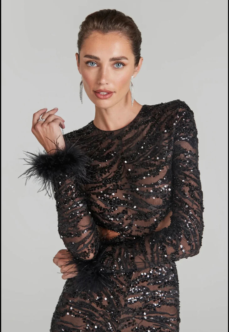 Black sequin jumpsuit with cutout details and feathered cuffs — Nadine Merabi | Endless UAE