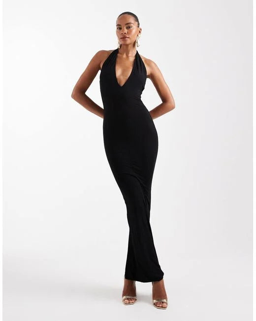 Black halterneck plunge bodycon maxi dress with backless design and side slit — Wanderdoll | Endless UAE