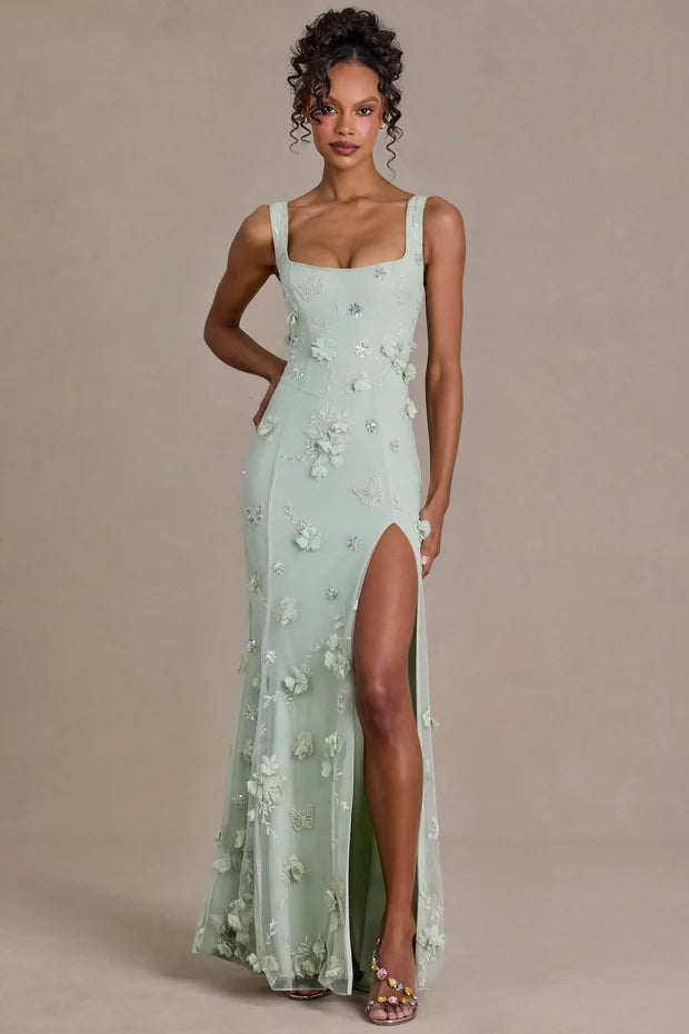 Aurelia Embellished Corset Gown in sage green with floral beading and lace-up back detail — Oh Polly | Endless UAE