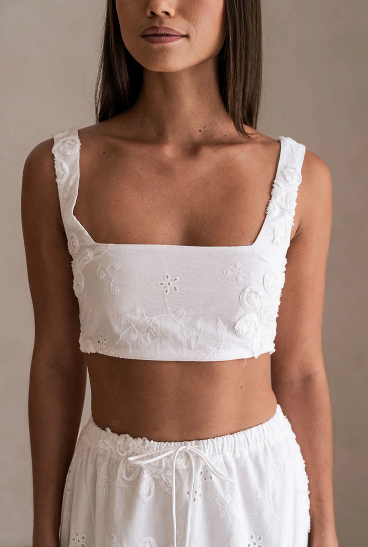 White embroidered crop top with square neckline and ruffle straps — Sabo | Endless UAE