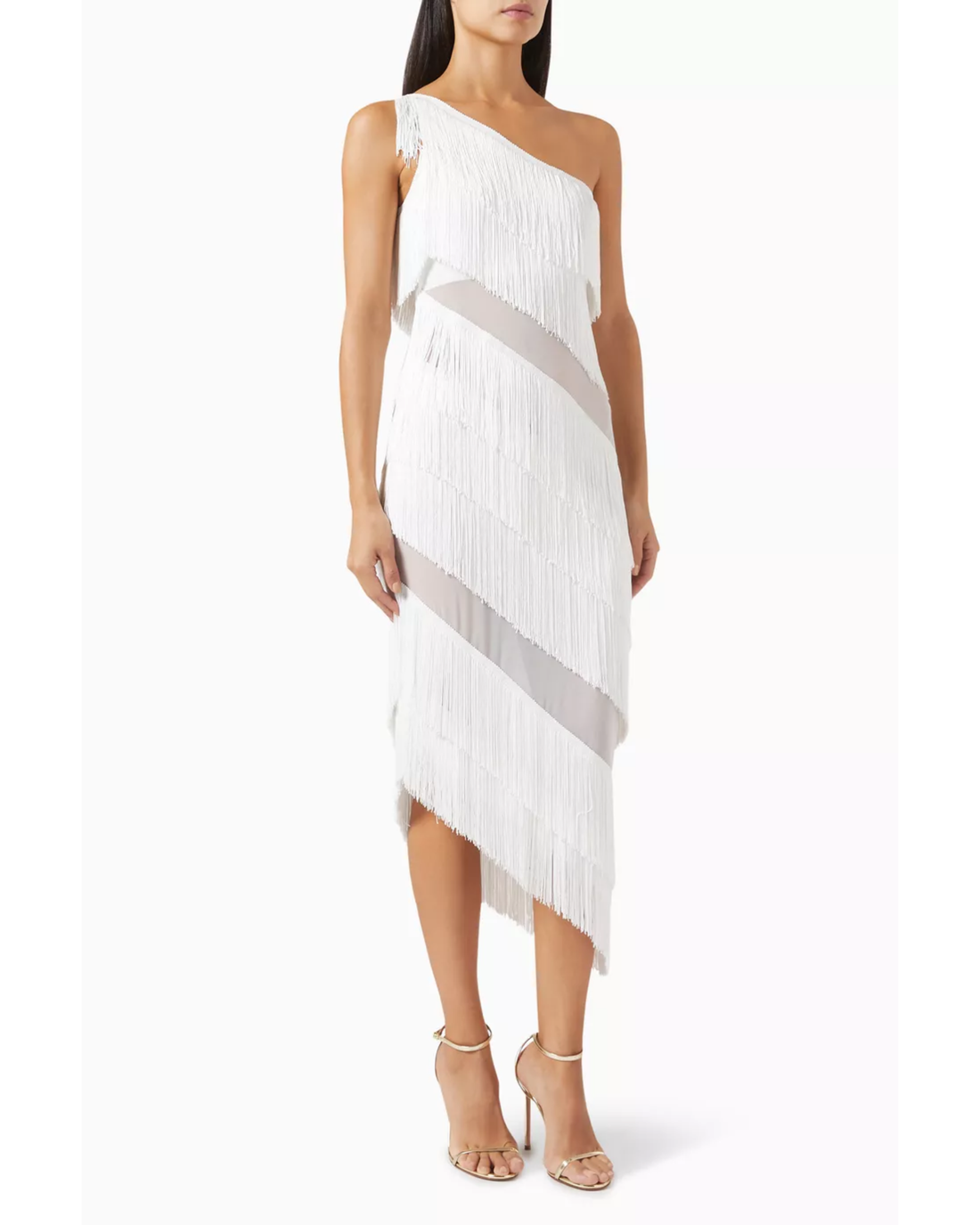 White one-shoulder fringe dress with sheer mesh bands and asymmetrical hem — Norma Kamali | Endless UAE