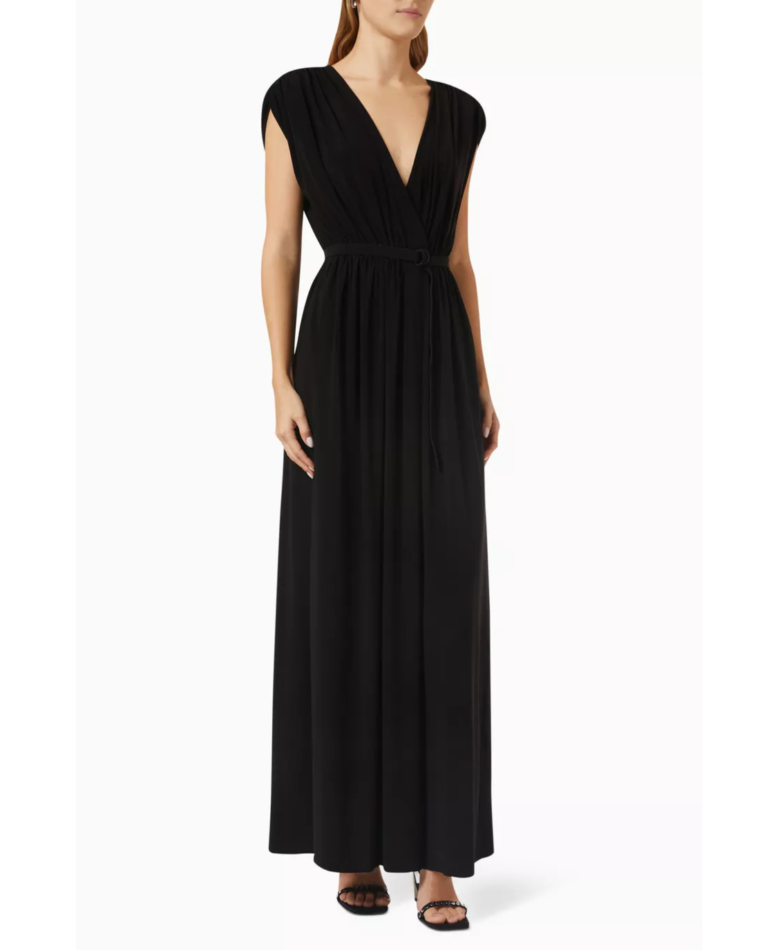 Woman wearing black Athena Maxi Dress with wrap front and cap sleeves — Norma Kamali | Endless UAE