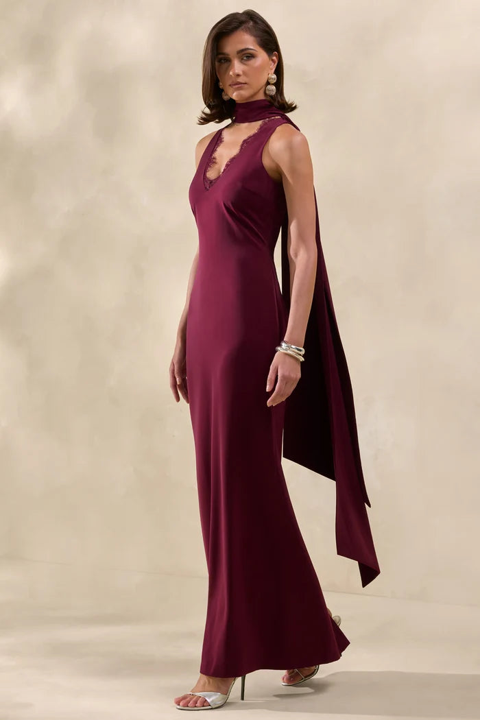 Burgundy satin high-neck maxi slip dress with lace detail — Club L London | Endless UAE