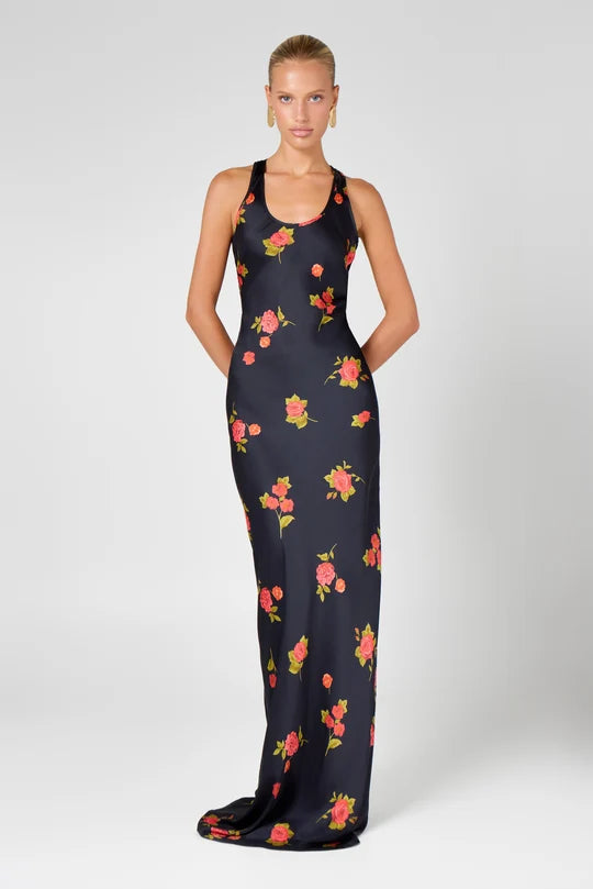 Florence Dress black with red and yellow floral print, sleeveless maxi gown — Hyphen | Endless UAE