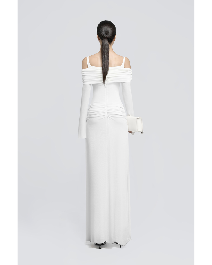 White off-shoulder maxi dress with ruched detailing and matching clutch — CHATS BY C.DAM | Endless UAE