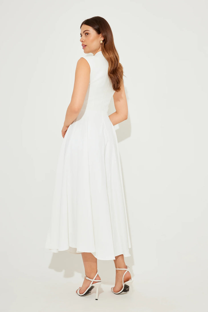 Woman wearing white sleeveless high waist midi dress with pleated skirt — Odd Muse | Endless UAE