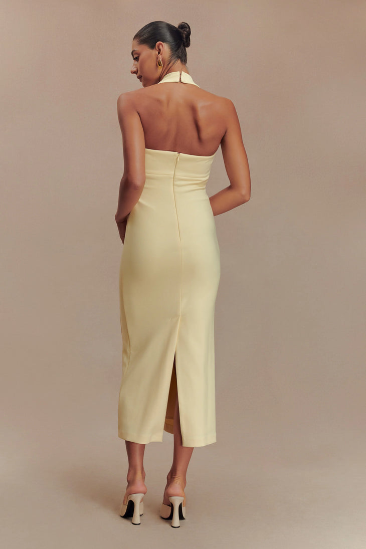 Cream halter midi dress with square neckline and fitted silhouette — Meshki | Endless UAE