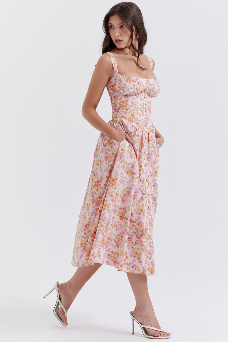 Tatiana Print Midi Sundress in pink floral — House of CB | Endless UAE