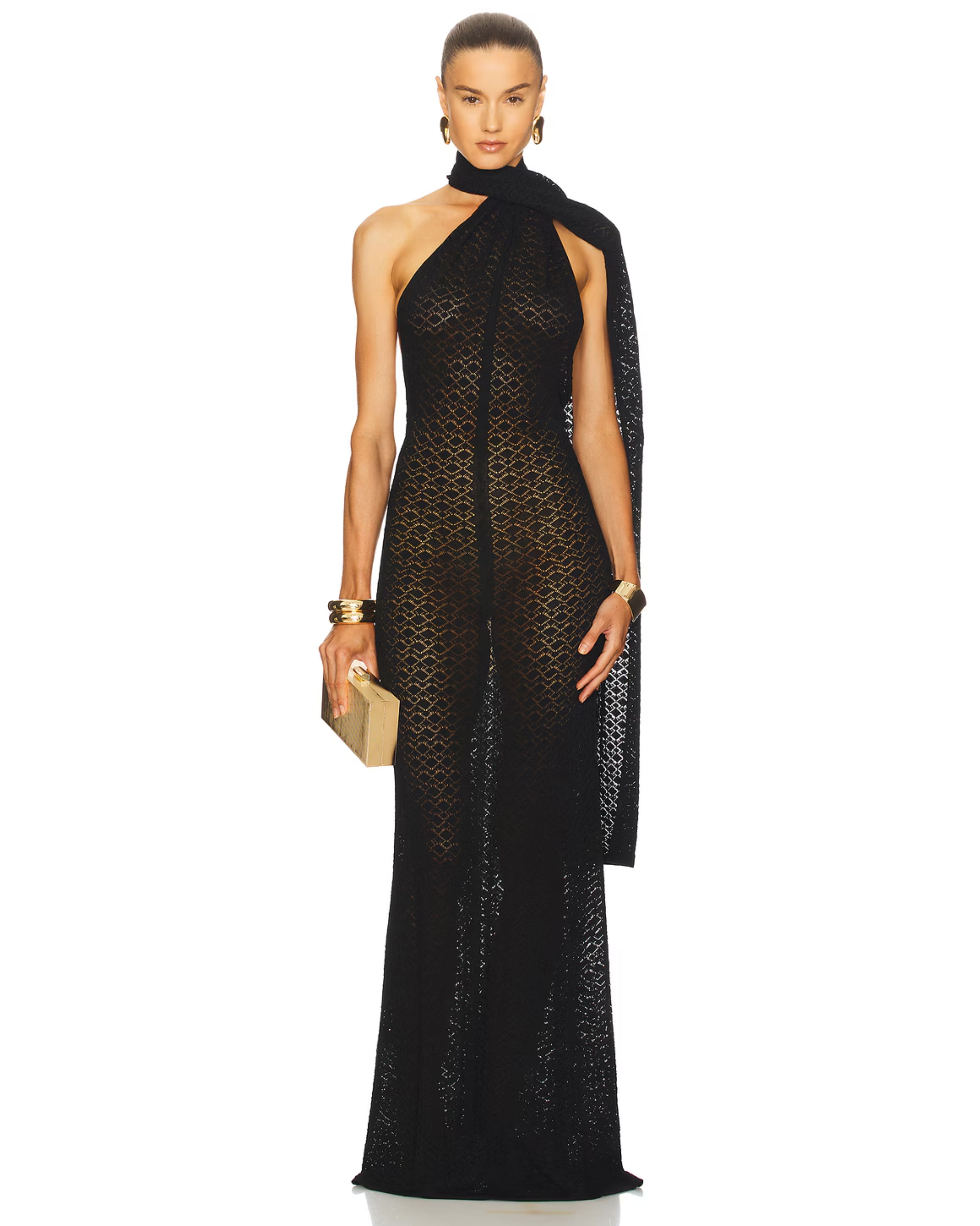 Black lace halter gown with draped wrap detail and gold clutch — Helsa | Endless UAE