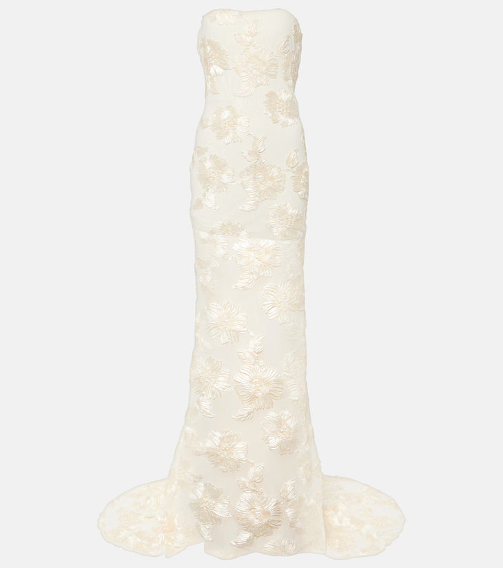 Alberty cream floral-appliqué mesh strapless gown with train — Rotate Birger Christensen | Endless UAE