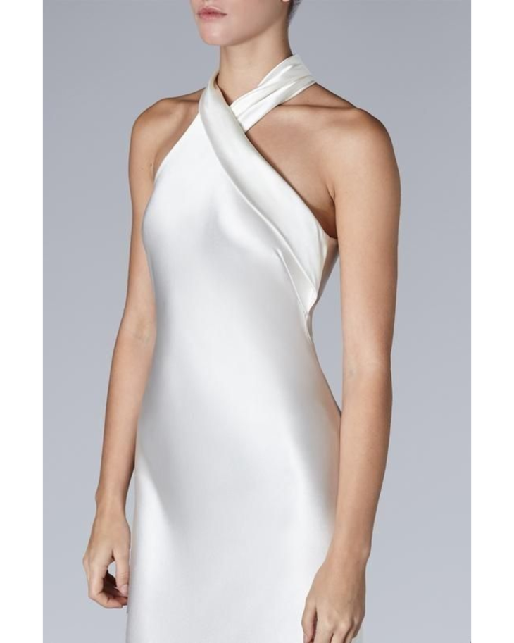White halterneck sleeveless wrap dress with asymmetric draping — Galvan | Endless UAE