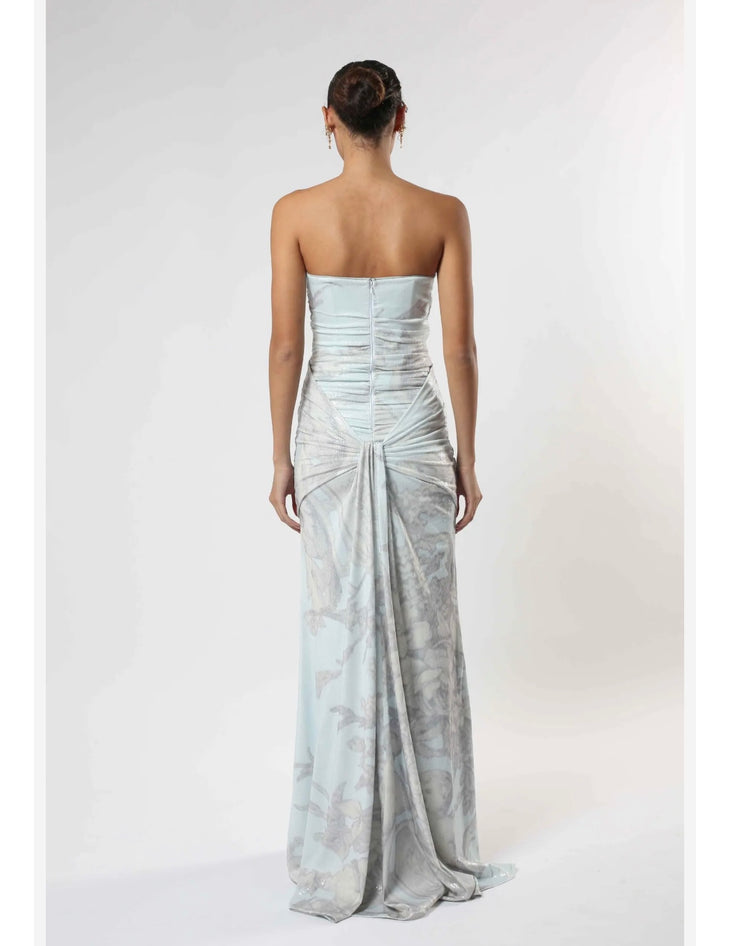 Nadia Pale Blue Gown with draped bodice and flowing skirt — Zeena Zaki | Endless UAE