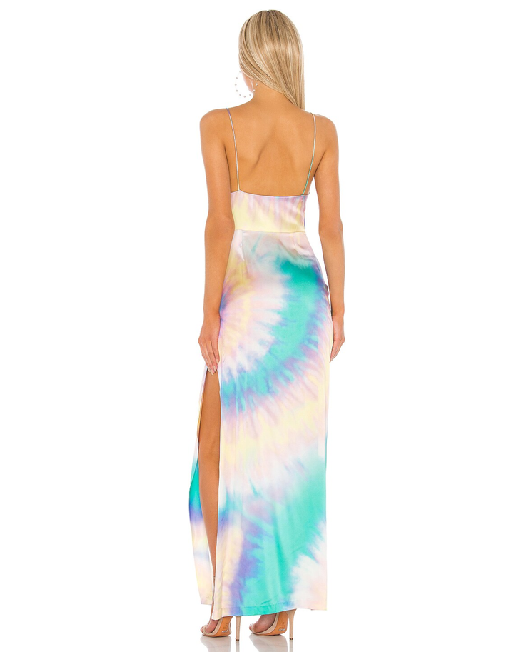 Marlene Dress in multicolor tie-dye print with thin straps and high slit — Retrofete | Endless UAE