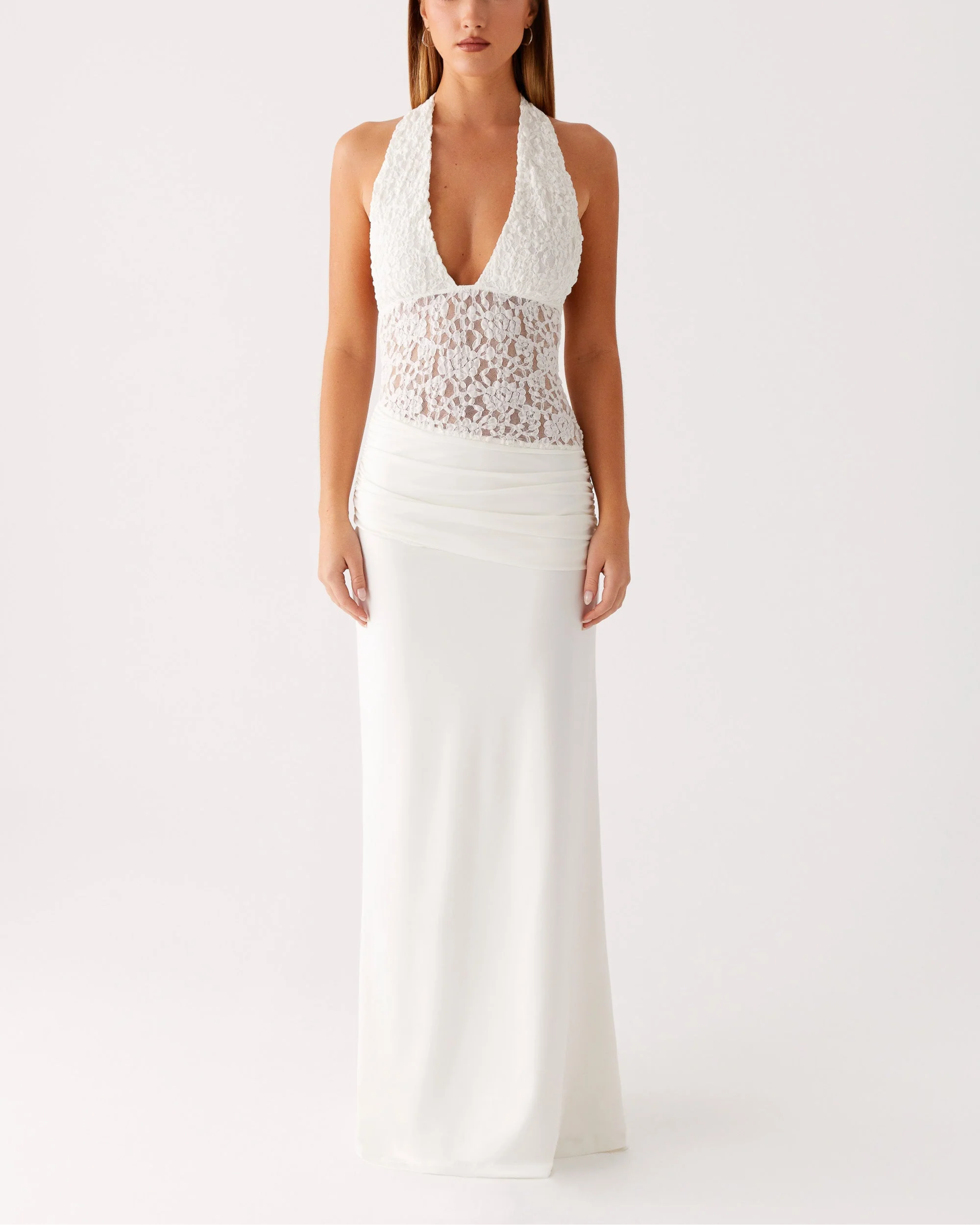 White halter maxi dress with lace bodice detail and ruched skirt — Peppermayo | Endless UAE