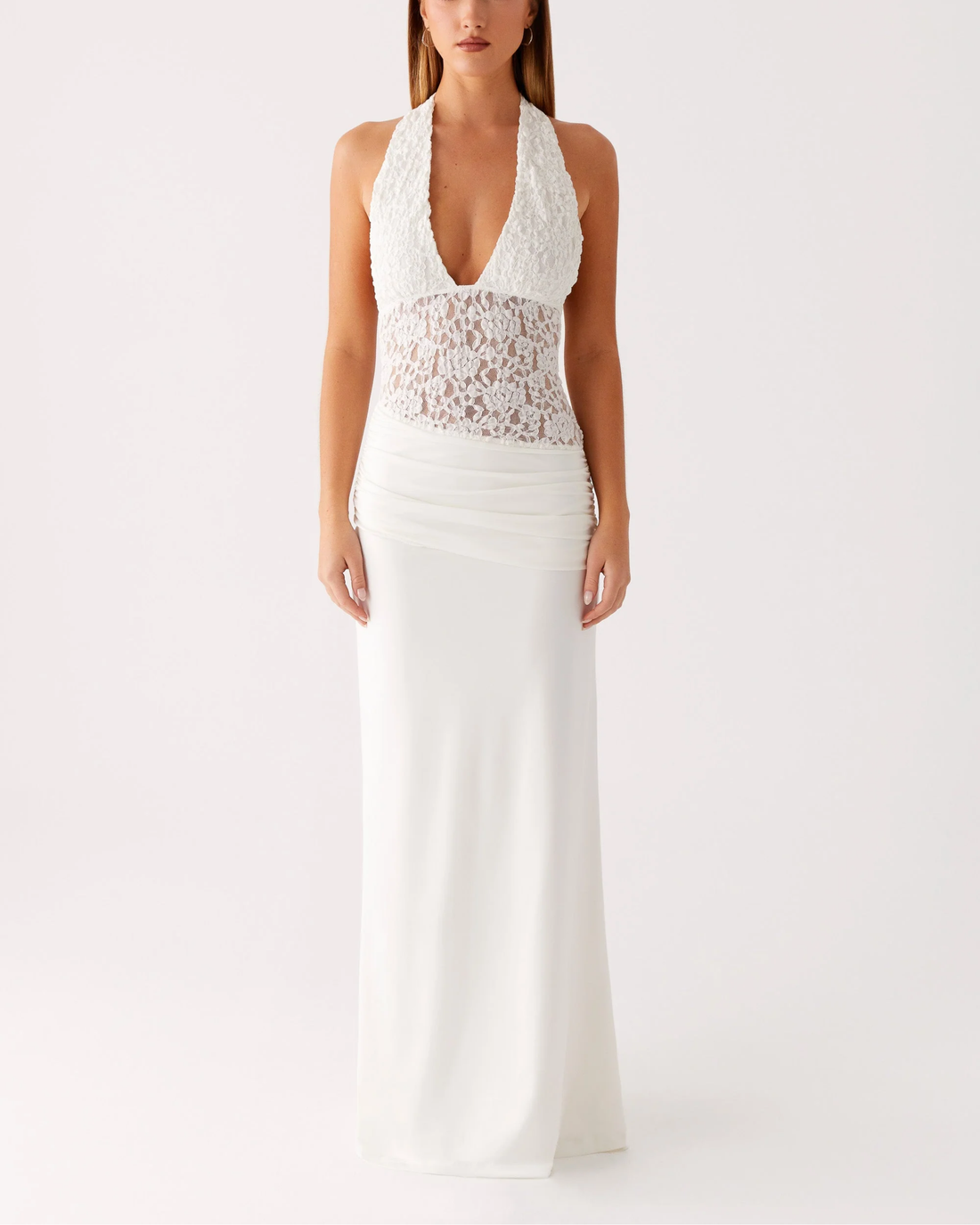 White halter maxi dress with lace bodice detail and ruched skirt — Peppermayo | Endless UAE