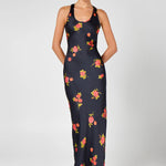 Black floral maxi dress with red and yellow flowers, racerback neckline — Hyphen | Endless UAE